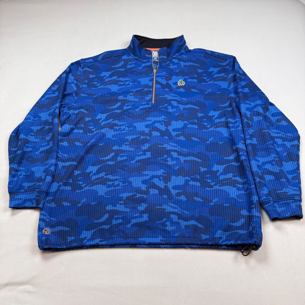 Sage Valley Golf Straight Down Mens XXL Blue Camo Waffle Knit 1/4 Zip Pullover